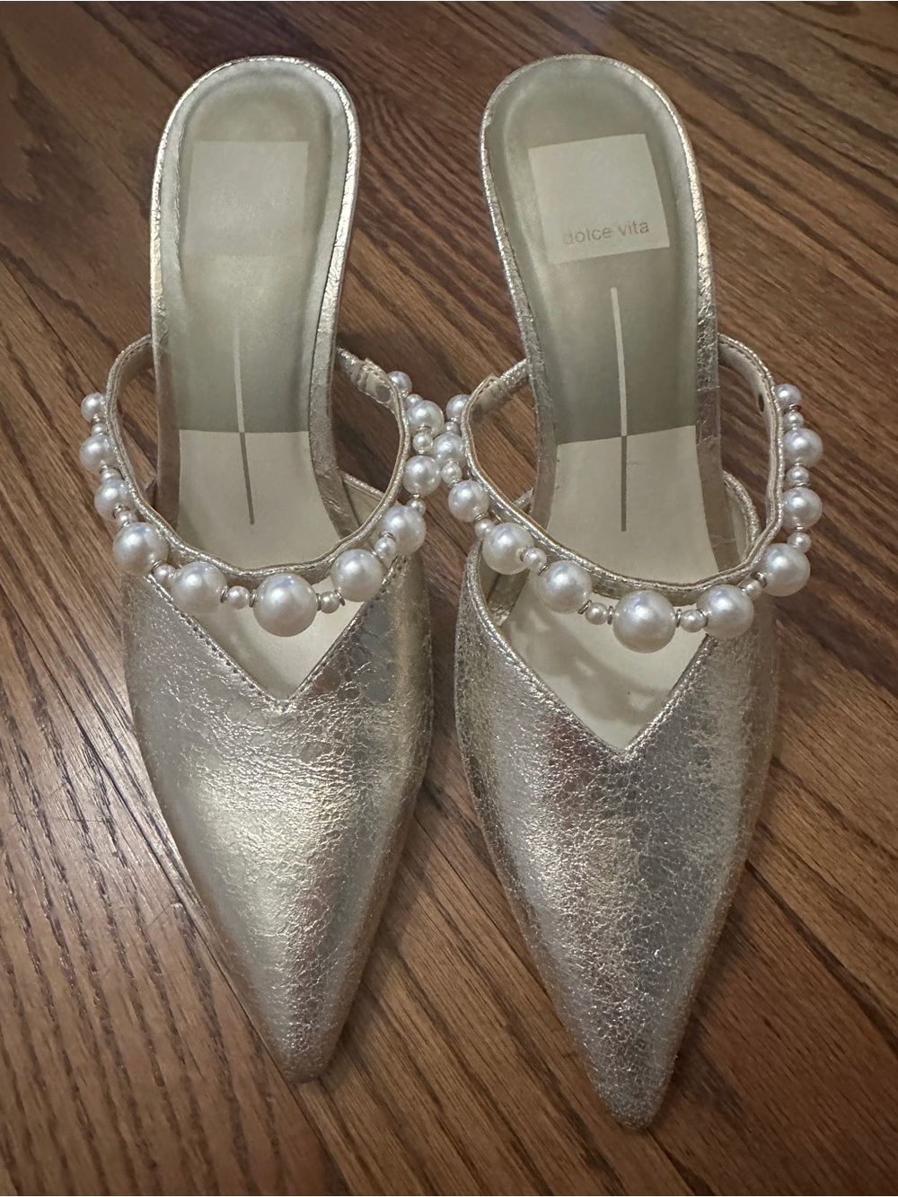 Dolce Vita Metallic Gold Pointed Pearl-Trim Mules